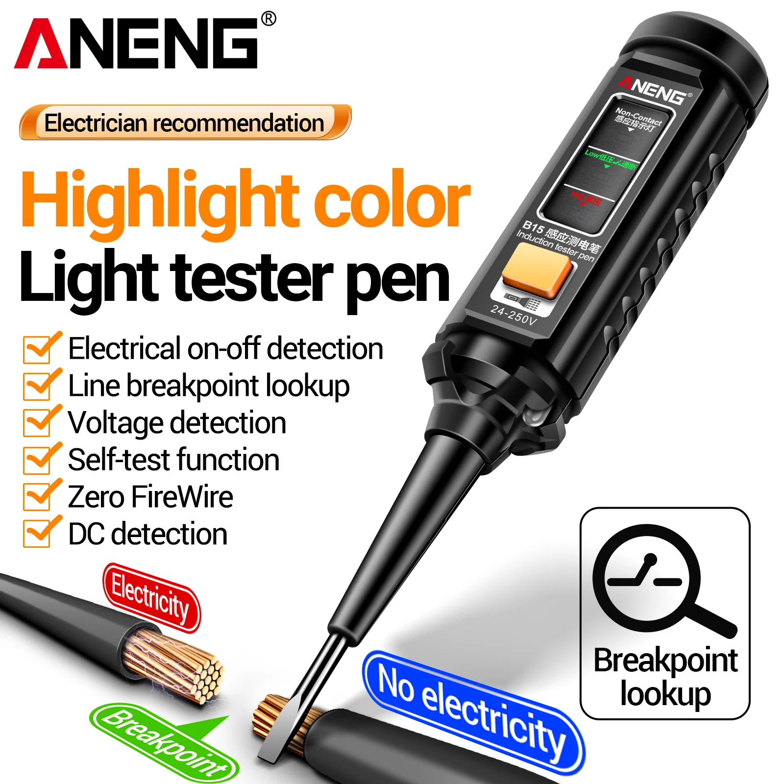 

ANENG B15 Voltage Detector Induction Pen Non-contact AC 24-250V BAT Tester Breakpoint Electric Slotted Screwdriver Repair Tools