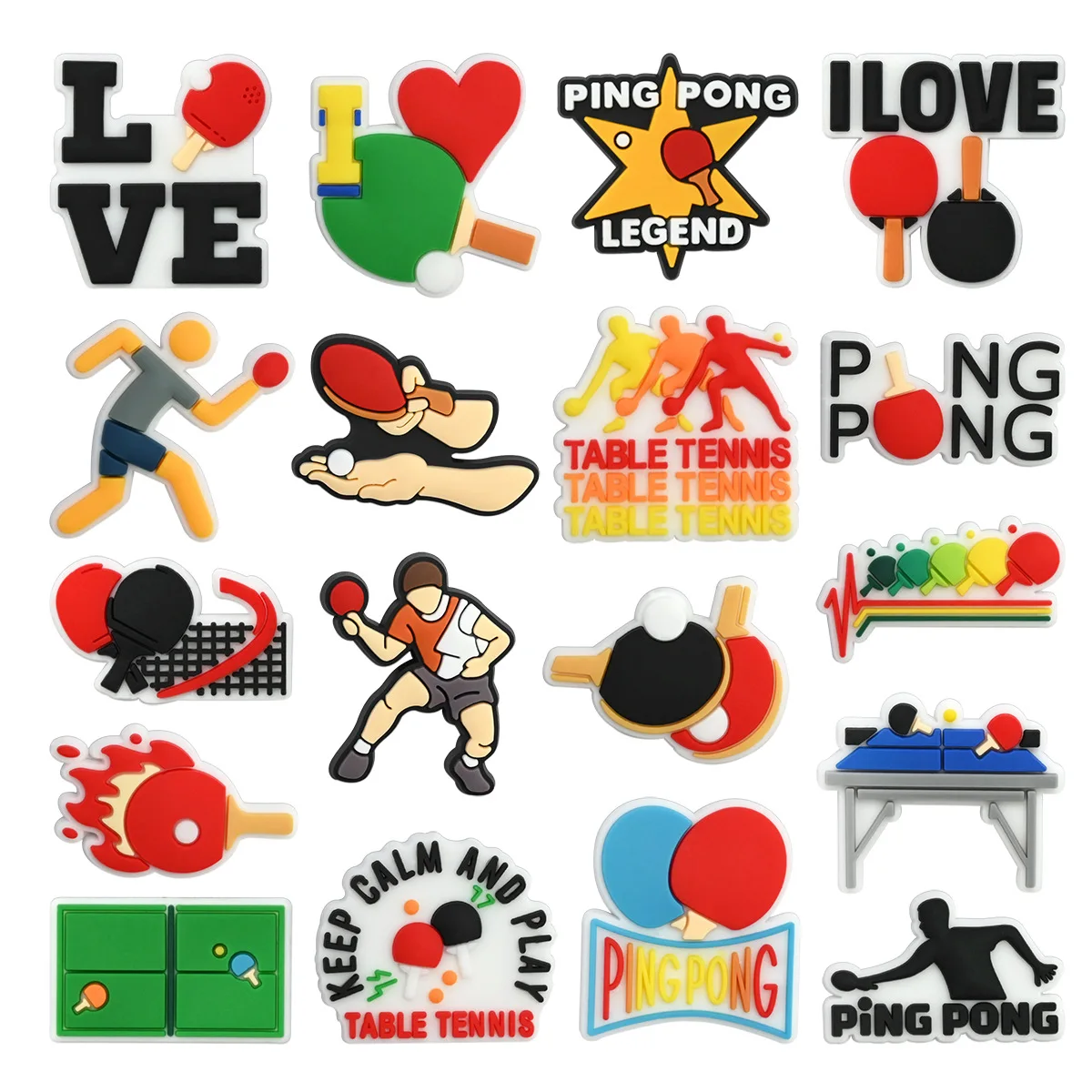 Conjunto de 18PCS de Charms para Calçados da Série Esportiva de Tênis de Mesa, para Crocs, Bolsas, Chinelos e Sandálias, Decorações de PVC para Calçados, Acessórios para Bolsas de Praia