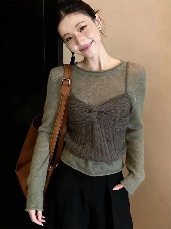 

Повседневный зеленый комплект-двойка: топ с узлом и длинными рукавами, весна 2026, женская мода, вязаный, мягкий, средней толщины