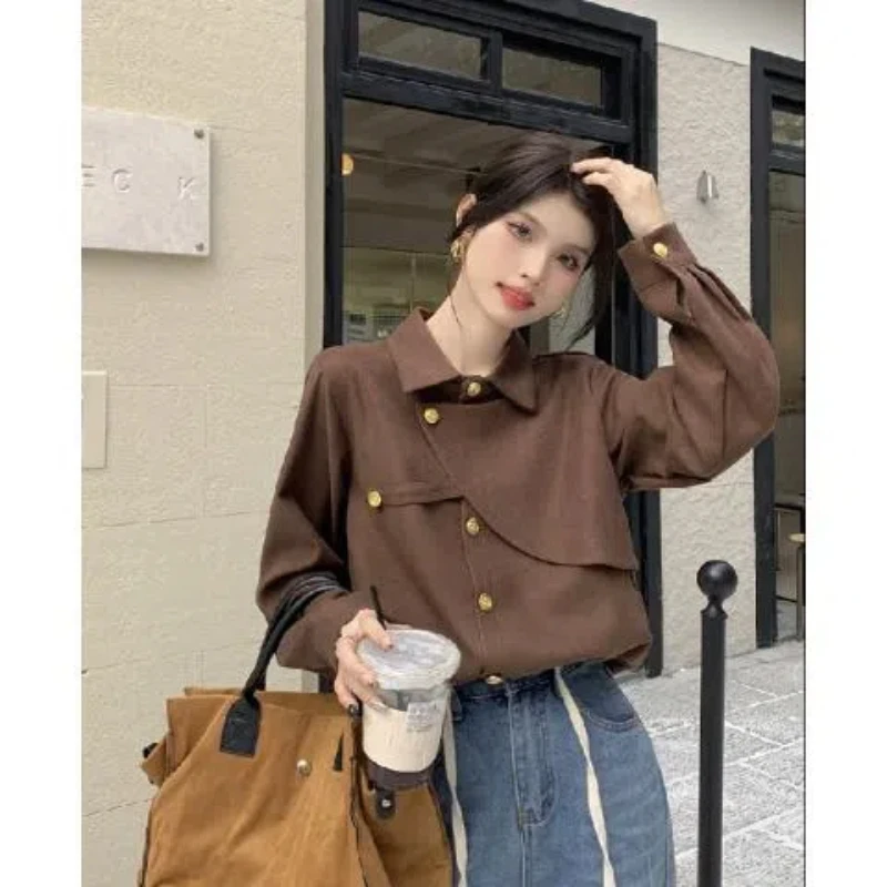 

Толстая рубашка с начесом во французском стиле ретро для женского многослойного топа в западном стиле с длинными рукавами