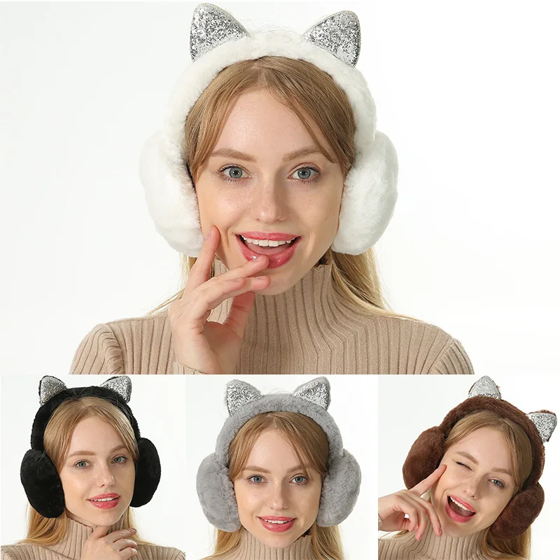 Winter Warm Plush Earmuffs for Women Girls Children Riding Ski Ear Protection Cartoon Cute Cat\'s Ears Fur Soft Cashmere Earflaps