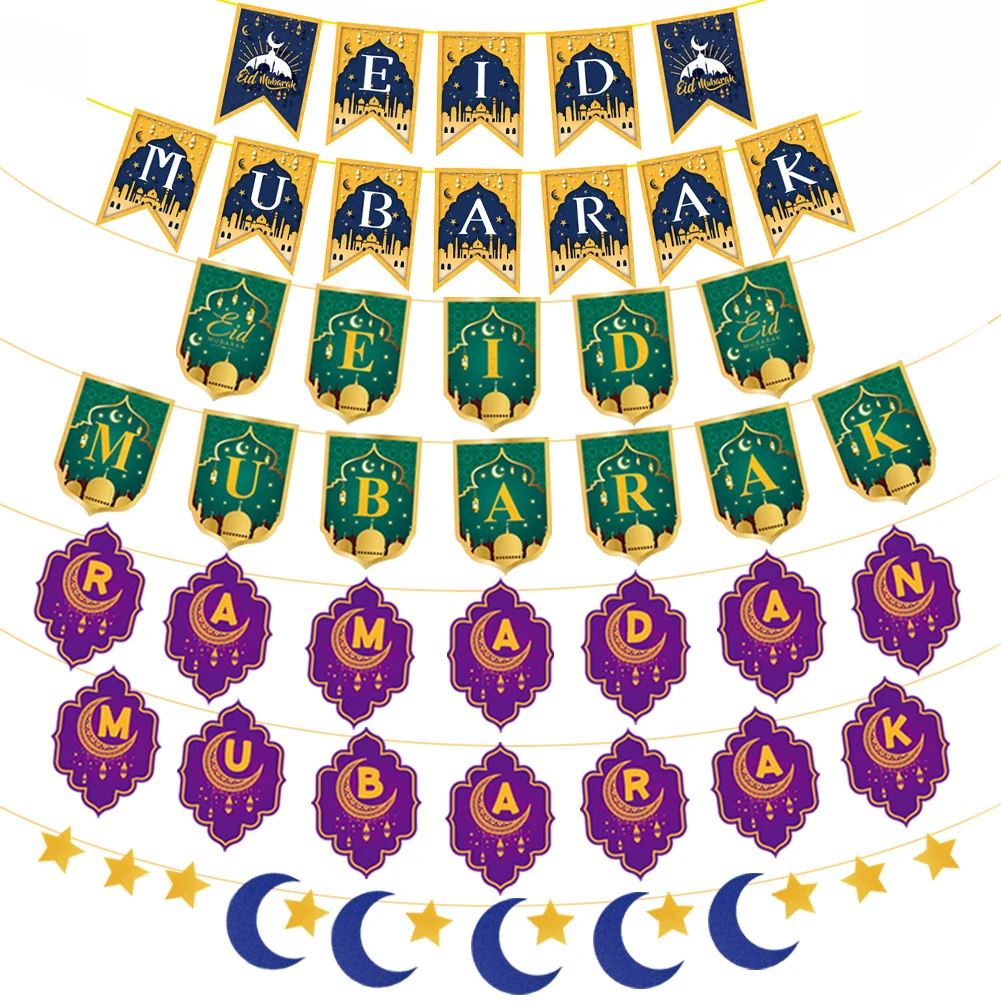 Guirnalda de papel con purpurina EID MUBARAK para decoración de fiestas, pancarta de luna y estrella, musulmán, islámico, suministros de Ramadán