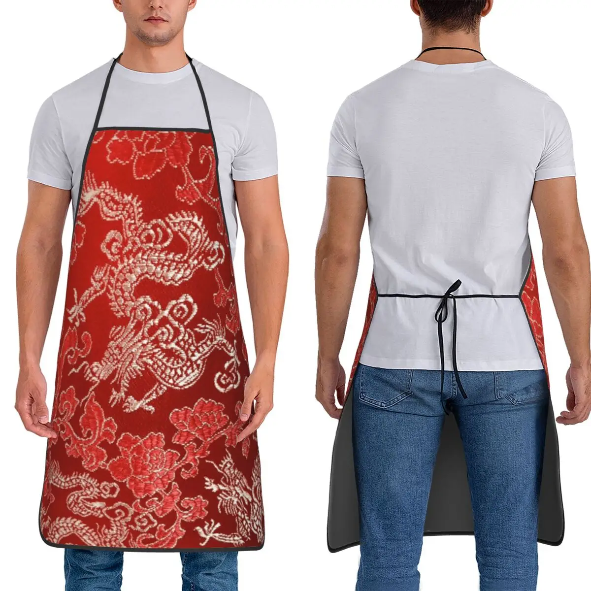 Red Silk Asian Chinese Embroidered Dragons Apron Chef Cuisine Tablier Bib Kitchen Cleaning Pinafore for Women Men Gardening