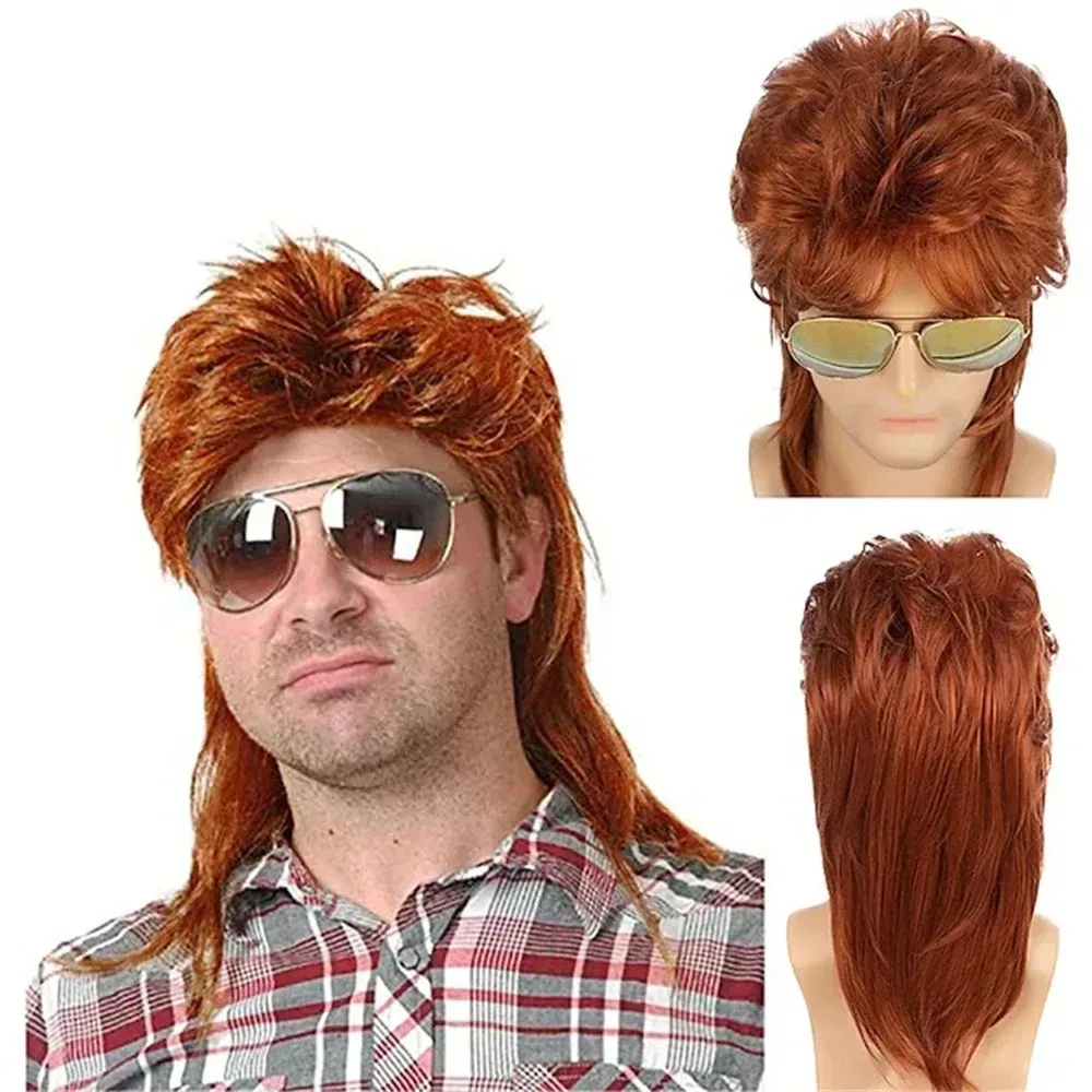 Synthetic Curly Blonde Mullet Wig Long Heat Resistant Fiber Cosplay Costume Hair for Men 80s Party Disco Halloween Daily Styling