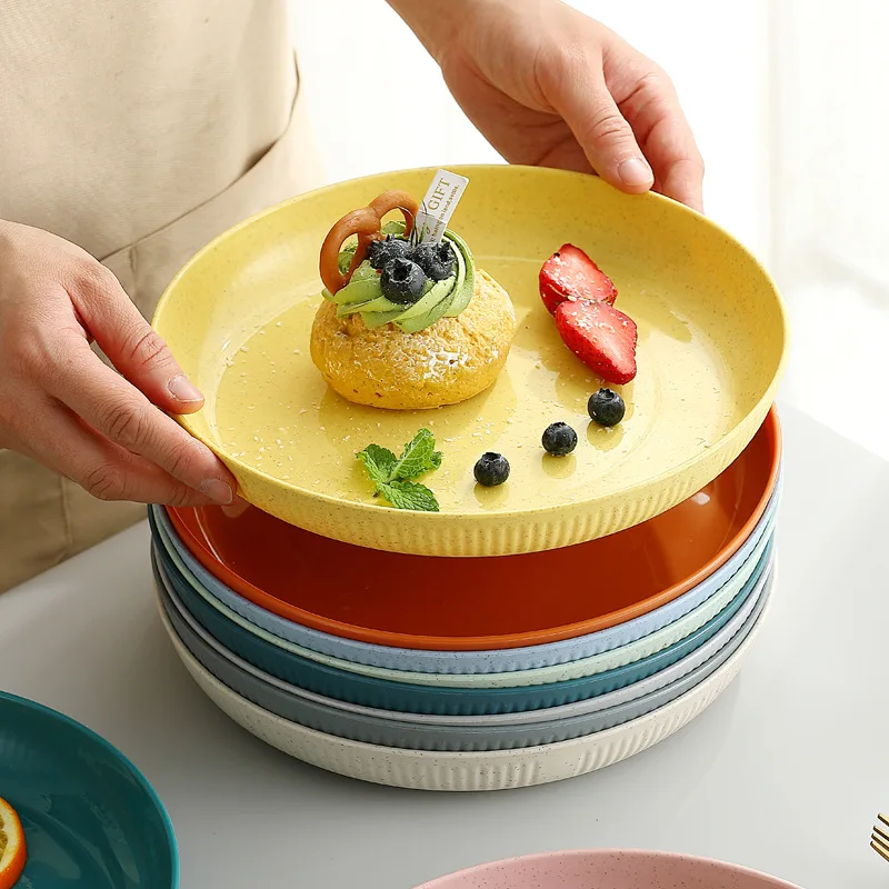 23cm Nordic Wheat Straw Dinner Plates Round Home Fruit Snack Bone Spitting Tray Lightweight Reusable Kitchen Plastic Dinnerware
