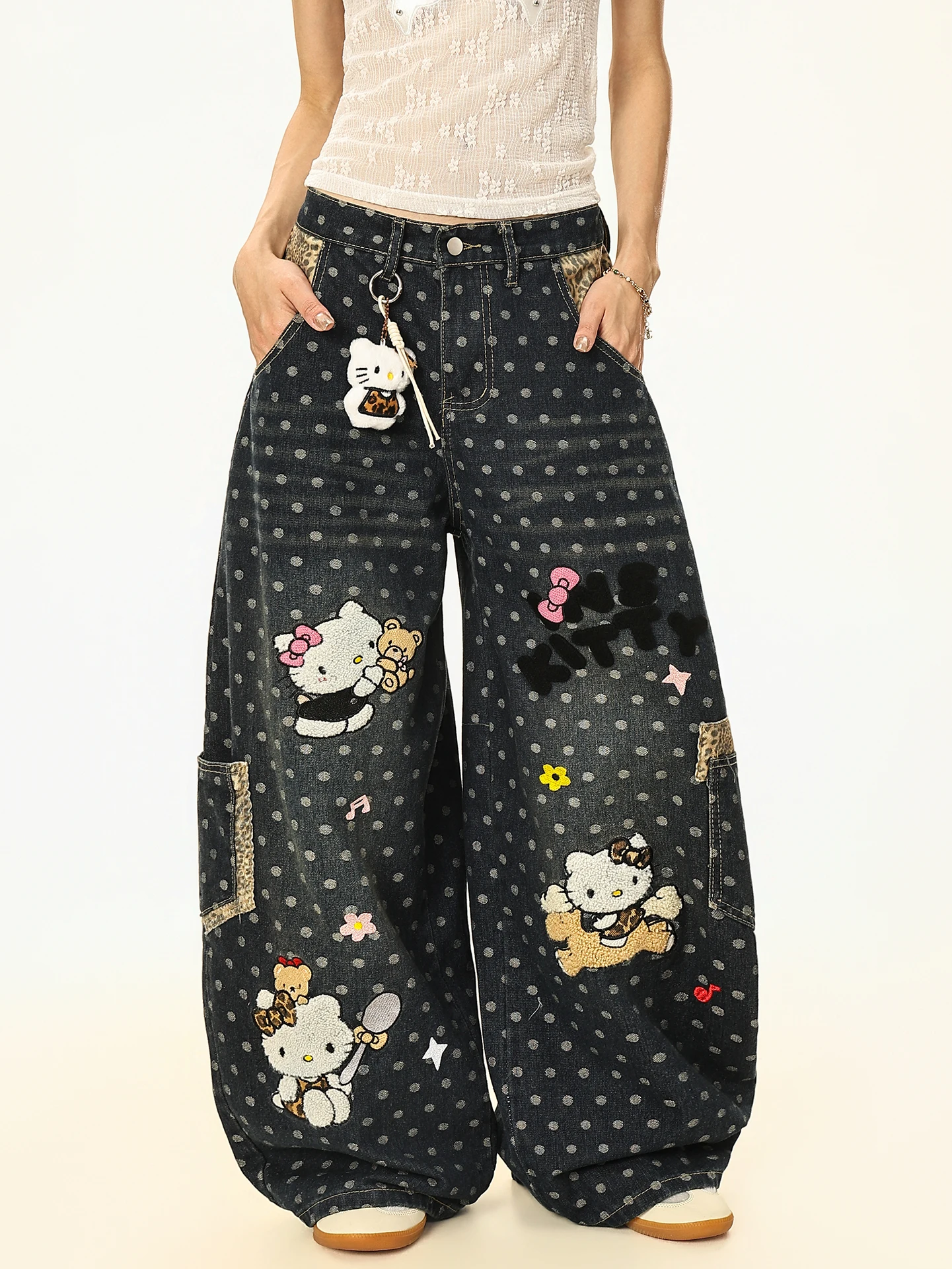 

High Waist Retro KT Embroidery Polka Dot Wide Leg Jeans Loose Fit Women's Summer Design Sense Casual Blue Denim Pants