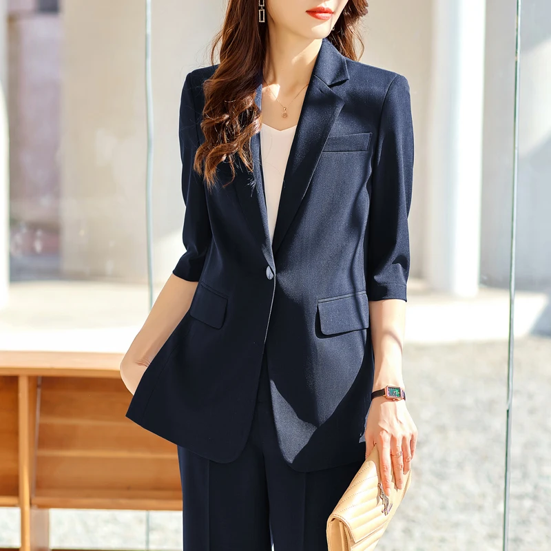 High Quality Fabric Half Sleeve Professional Women Business Suit with Pants and Jackets Coat Pantsuits Blazers Trousers Set