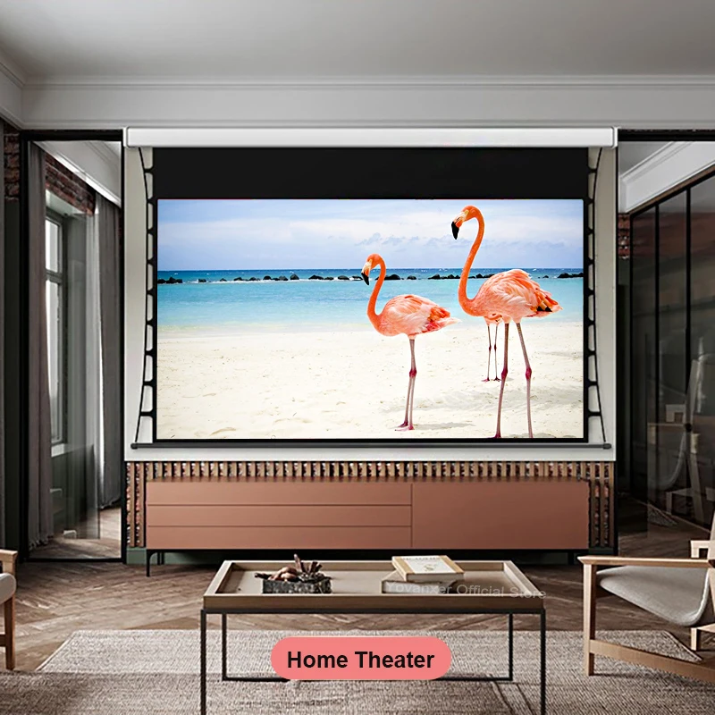 ALR Grey Crystal 60-150 Inch Motorized Tab Tension Projector Screen High Class Four Sided Shell For Long Throw Projectors 4K 3D