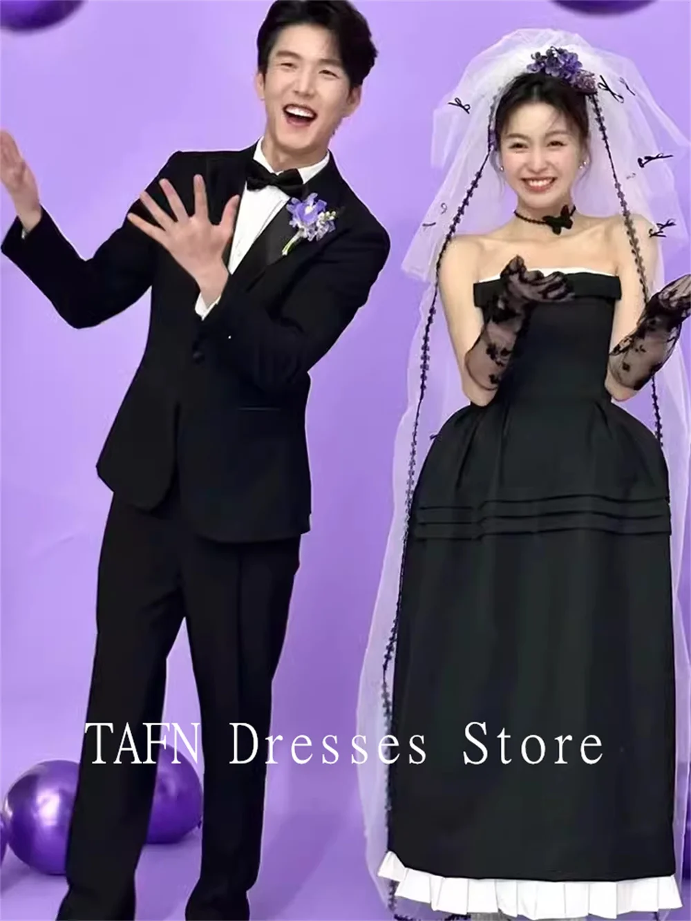 TAFN 웨딩드레스 Korea Simple Wedding Reception Dresses Photo Shoot Black Strapless A-line Evening Party Dresses Custom Made