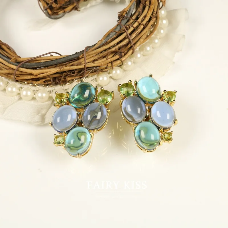 colored glass stud earrings geometric elegant exquisite earrings  silver needles pretty daily jewelry