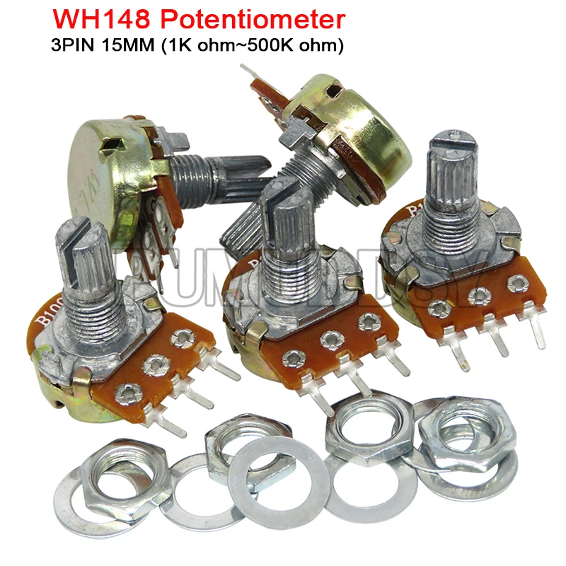 5 sztuk WH148 B1K B2K B5K B10K B20K B50K B100K B500K 3Pin 15mm wał wzmacniacz Dual Stereo potencjometr 1K 2K 5K 10K 50K 100K 500K