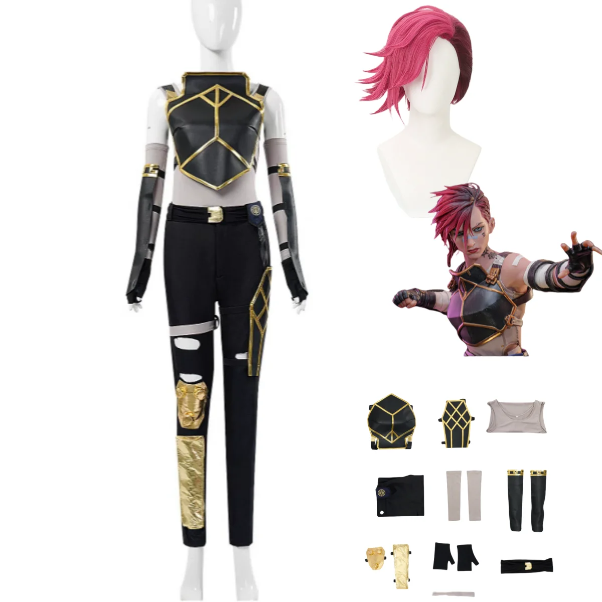 

Anime Game LOL Arcane 2 Vi The Piltover Enforcer Cosplay Costume Black PU Tops Uniform Full Set Wig Man Woman Halloween Suit