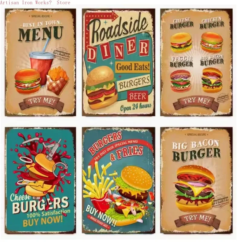 6-teiliges Vintage-Hamburger-Metallschild-Set – Wanddekoration aus Eisen mit klassischen Burger- und Pommes-Designs