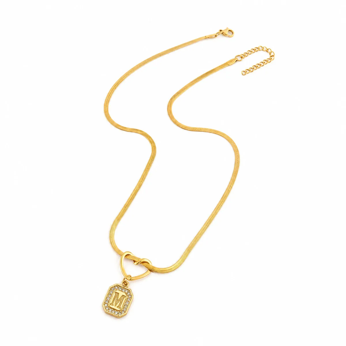 Gold Plated Letter Necklace for Women Men with Initial Charm Snake Chain and Heart Connector Octagon Cubic Zirconia Jewelry Gift