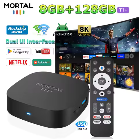 New T1+ TV Box Android 16.0 RK3518 Quad Core 128GB 8GB Google voice Dual Wifi 2.4G/5.8G WIFI 6 8K HDR Media Player Set Top Box