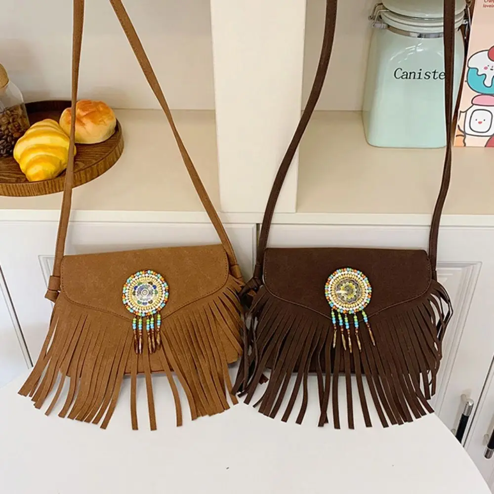 الكورية نمط شرابة حقيبة كتف خمر سعة كبيرة من جلد الغزال حقيبة كروسبودي بولي Leather الجلود البوهيمي نمط حقيبة يد النمط العرقي