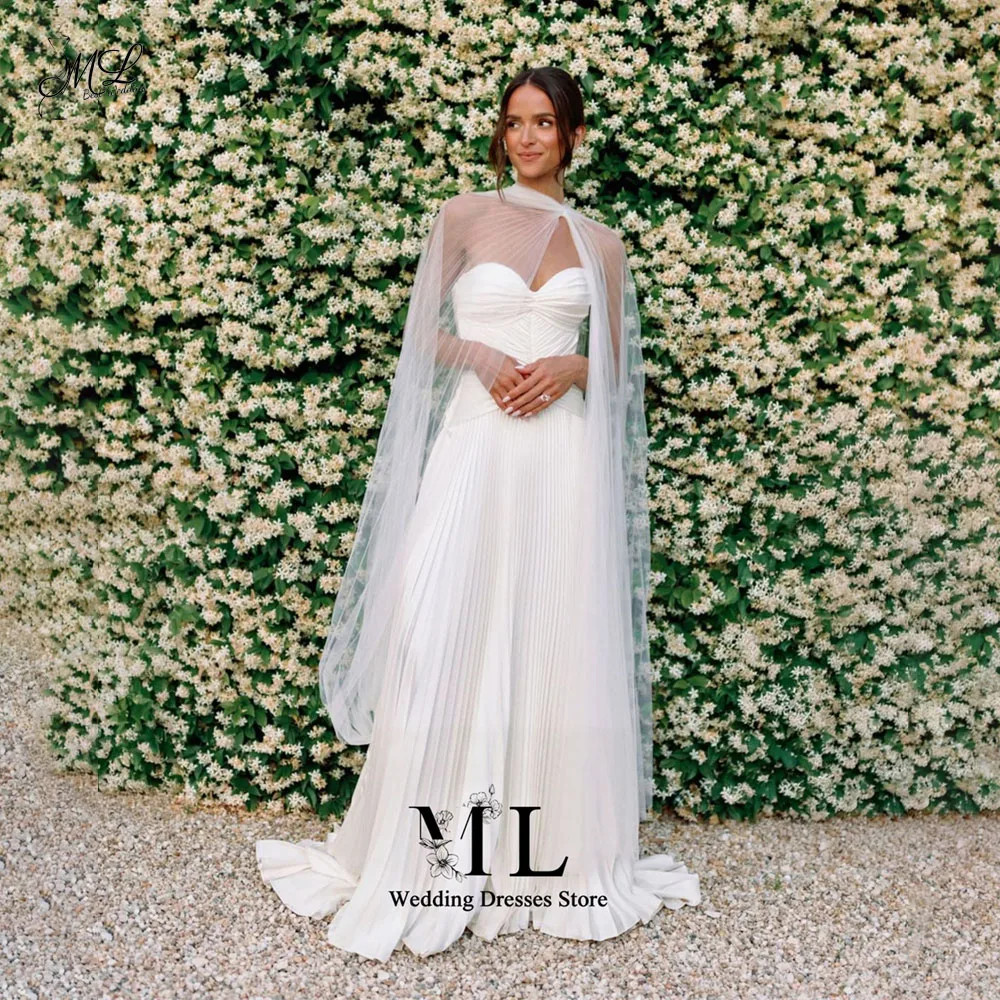 ML Ethereal Ivory Pleated With Cape Wedding Party Dress A-Line Floor-Length Bridal Gown Vestidos Novias Customized New
