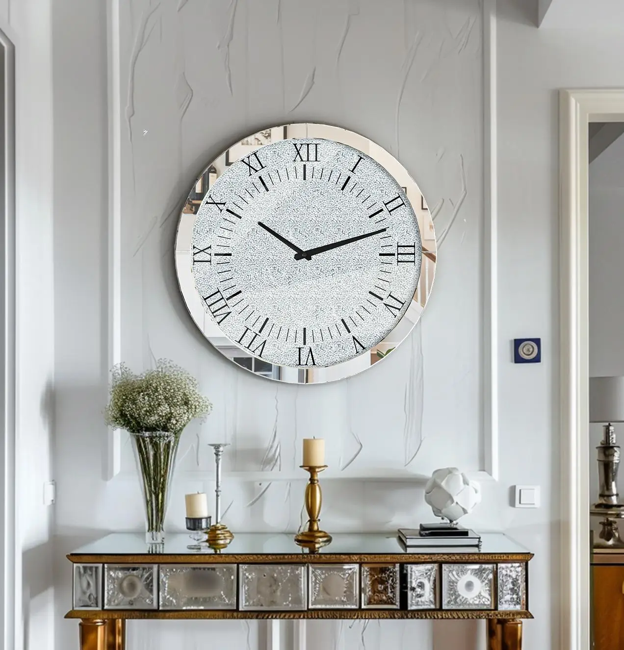 

60x60CM Crystal Crush Diamond Mirrored Round Wall Clock for Home Decor Silver Mirror Quartz Clock with Beveled Glass Edging