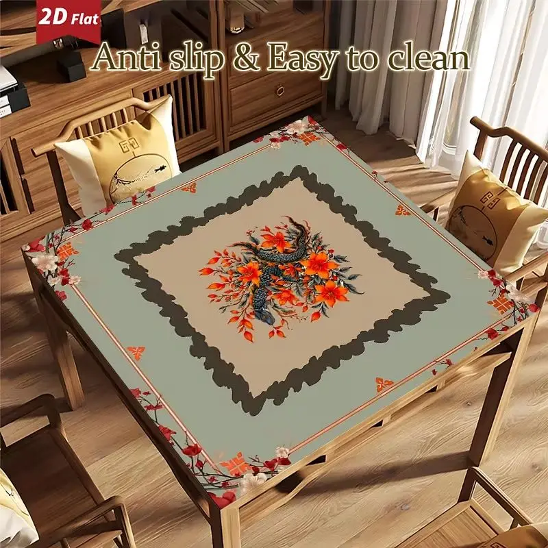 Square Mahjong Table Mat, Retro Oriental Dragon Lily Flower Printed Anti slip Noise Reduction Game Mat Table Game Desktop Decor
