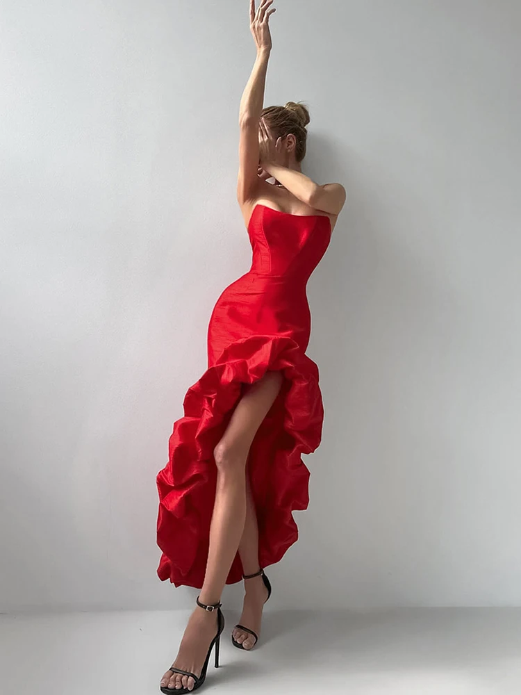 Franse stijl satijnen ruches avondjurk elegante effen kleur off-shoulder slanke banketjurk luxe hoge taille wikkeljurk met heupen