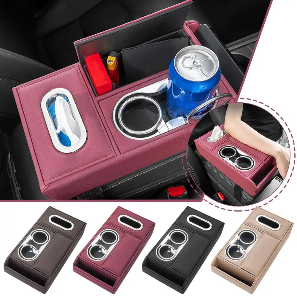 Car Armrest Cushion With 2 Cup Holder Tissue Box Phone Pads Arm Console Heighten Box Storage Height Rest Auto Pad Center Co E4P1