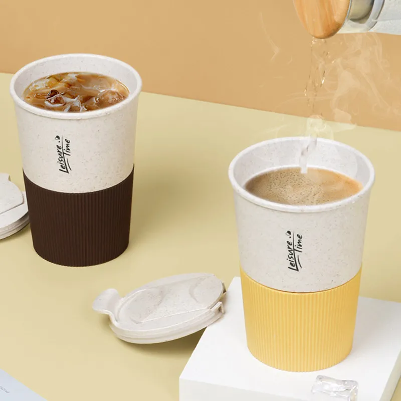 350ML Portable Coffee Cup Double Wall Mug Wheat Straw Plastic Travel Water Bottle With Lid Reusable for Coffee Drinks