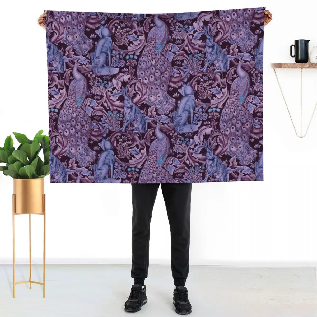 FOREST ANIMALS ,PEACOCKS, FOX AND HARE IN BLUE PURPLE LEAVES FLORAL PATTERN Throw Blanket Sofas Plush Blankets