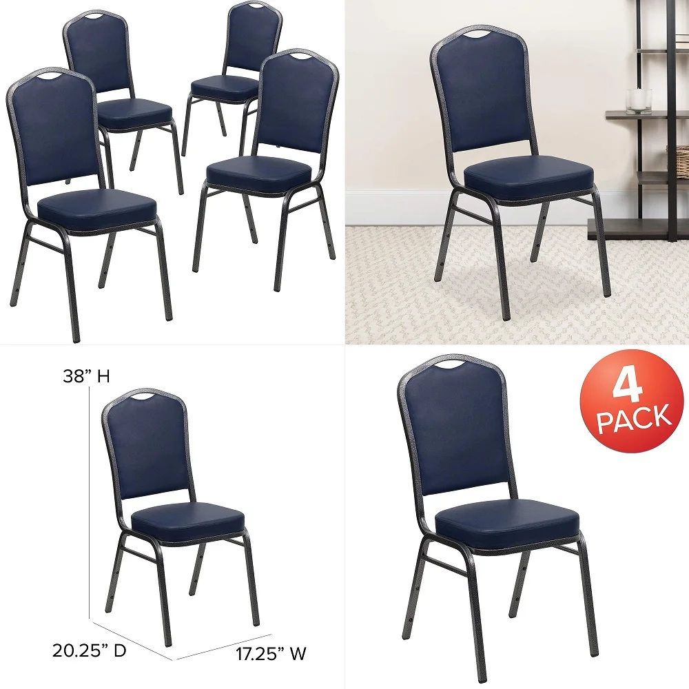 

4 Pack HERCULES Series Crown Back Stacking Banquet Chair in Navy Vinyl Silver Vein Frame