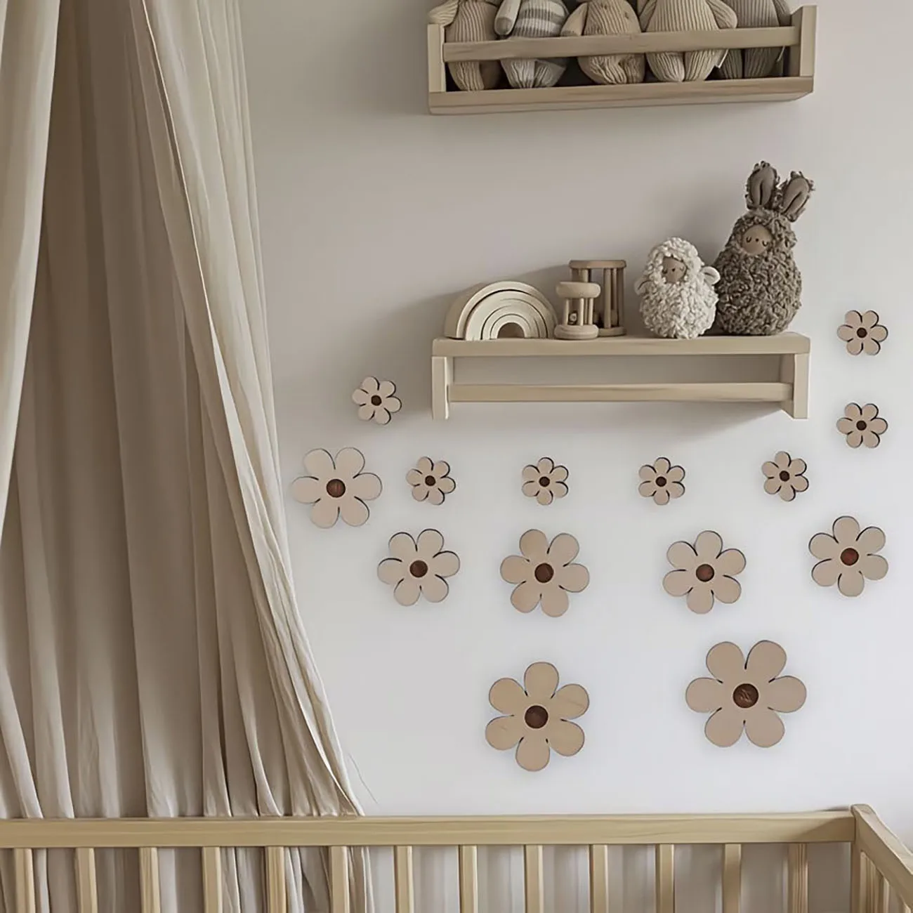 14 Pieces of Natural Wood Daisy Wooden Wall Decoration Set with Nano Double-Sided Tape, No Punching Bohemian Style Wall Hanging