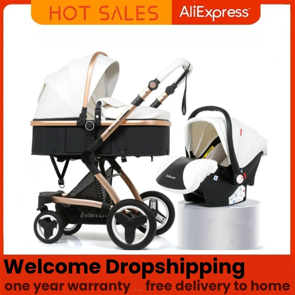 

Baby Stroller 3 in 1, Luxury Leather High Quality Baby Stroller,Four Wheel High View Stroller With Adjustable Push Handle