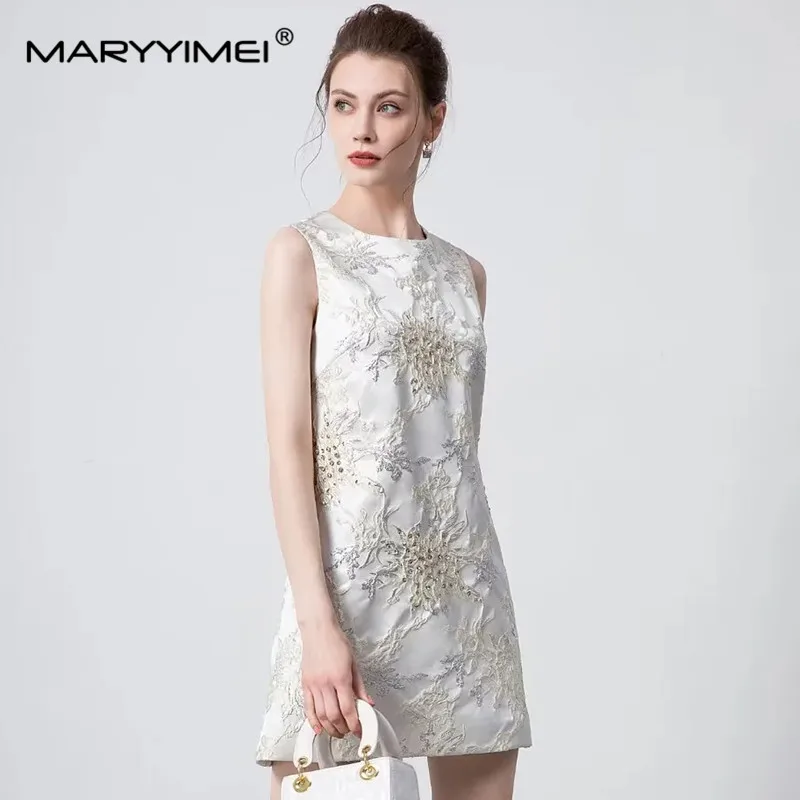 MARYYIMEI-Mini Vestido de Lantejoula Jacquard Vintage Feminino, Tanque Sem Mangas, Linha A, Branco, Elegante, Designer de Moda, Verão, Novo