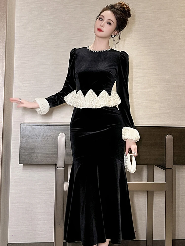 Women's Exquisite Elegant Fake 2 Piece Formal Evening Dress Lady Sweet Diamonds Sheer Mesh Sequin Fishtail Robe Party Vestidos