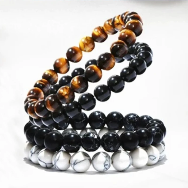 Gelang Manik-manik Melar Batu Permata 8Mm Gaya Sederhana Baru Pria Wanita Aksesori Tangan Batu Onyx Lava Mata Harimau Alami Pulseria