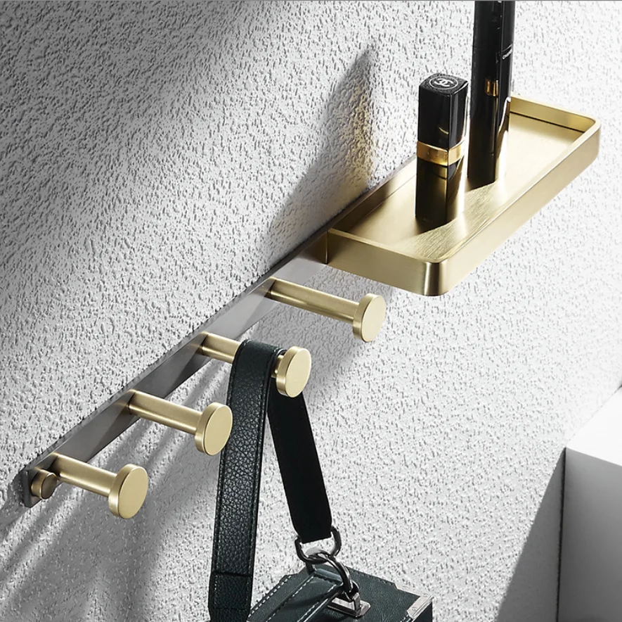 Brass bathroom rack row hook toilet clothes coat hang lever creative wall shelf phone holder soap dish