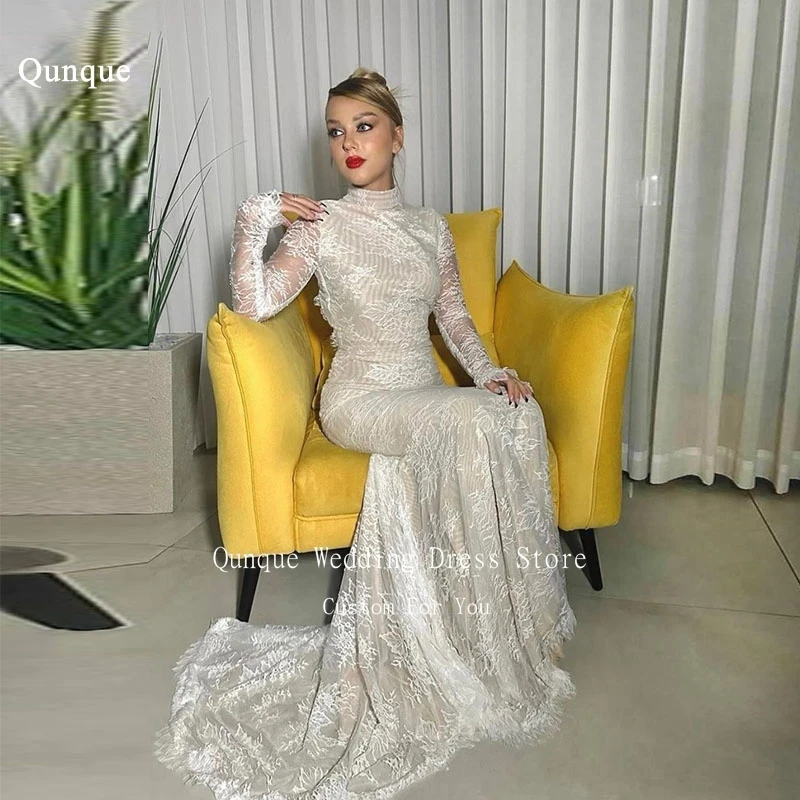 Qunque High Neck Women Lace Wedding Dresses Cap Sleeves Champagne Bridal Gowns Court Train Mermaid Vestidos De Novia Customized
