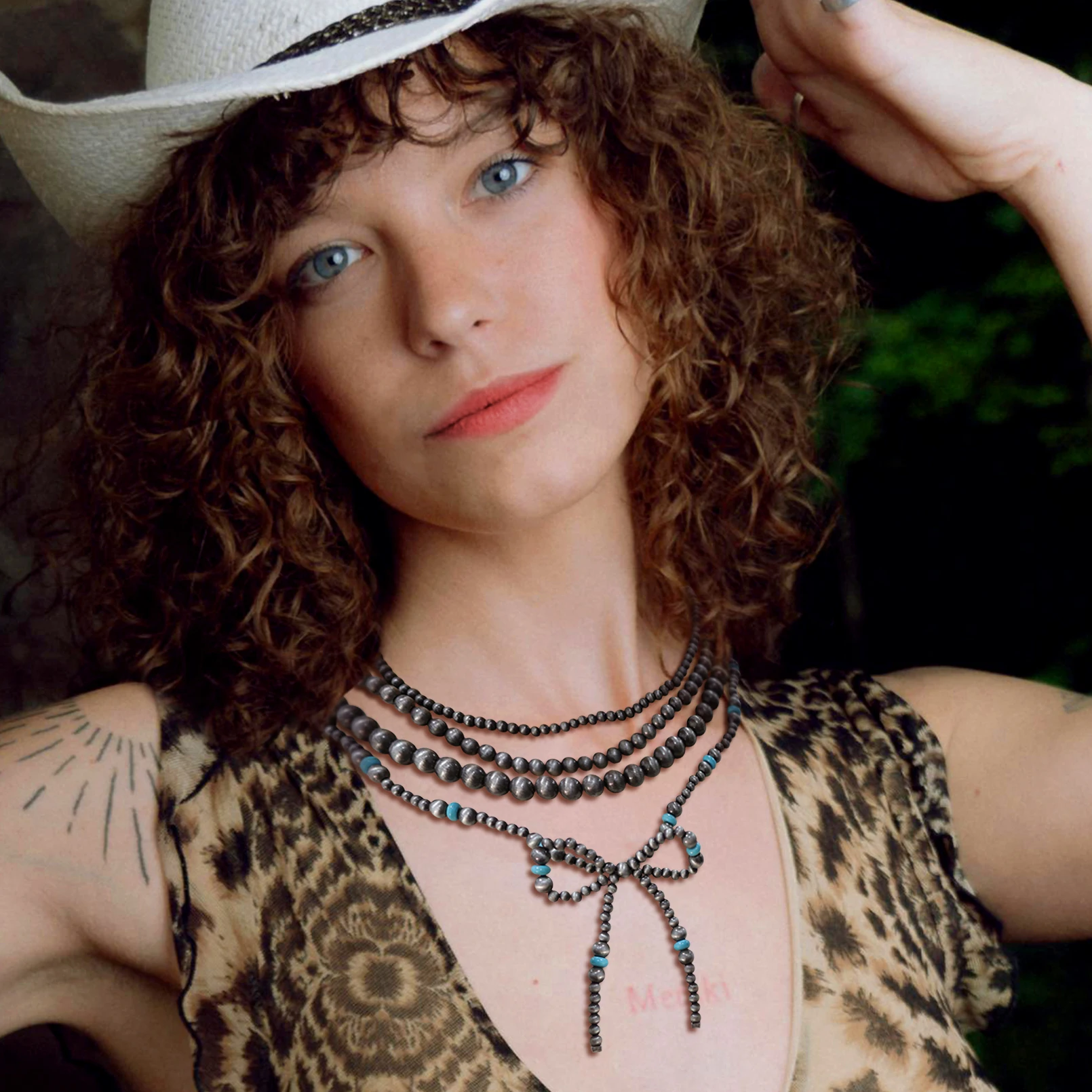 Navajo Pearl Bow Choker Necklace Western Jewelry for Women Bohemia Green Stone Beaded Necklaces Western Cowgirl Jewelry Gifts