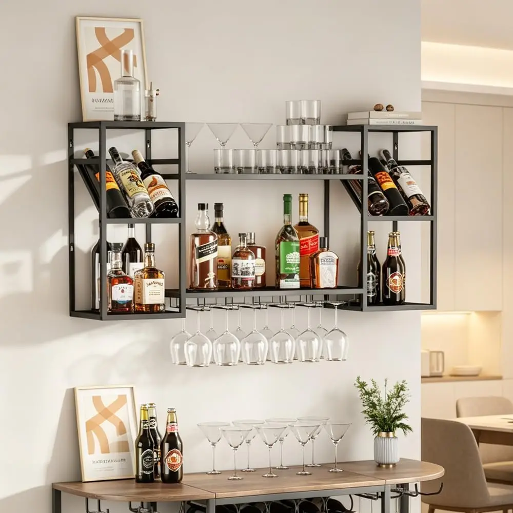 

Wall Mounted Wine Rack, 47" Metal 2-Tier Bar Liquor Shelves with Glass Holder, Holds 30 Bottles & 6–12 Glasses, Floating Bar She