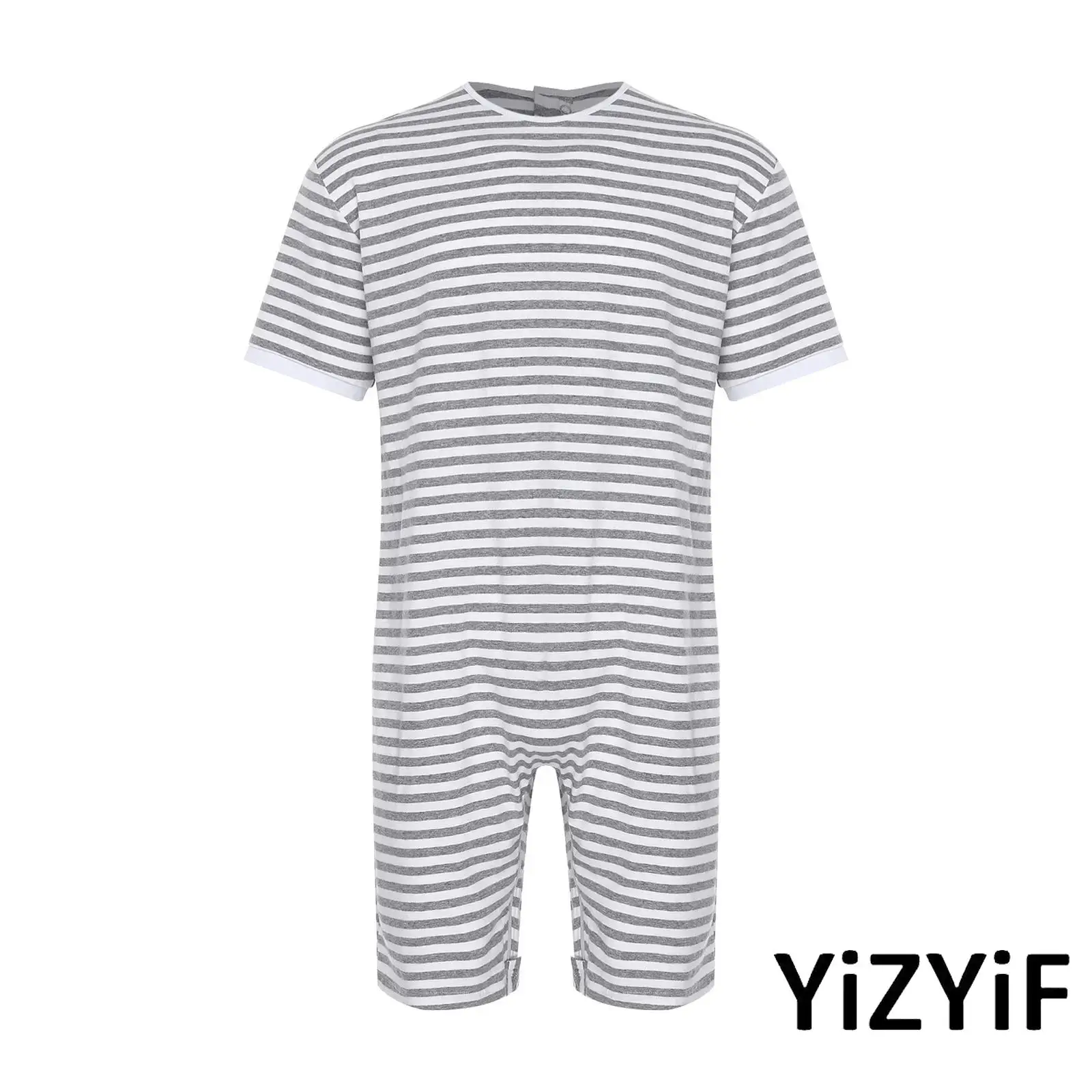 

Mens Anti-strip Jumpsuit Zipper at Back And Crotch Short Sleeve Short Legs Striped Bodysuit Adaptive Caring Nursing Jumpsuit