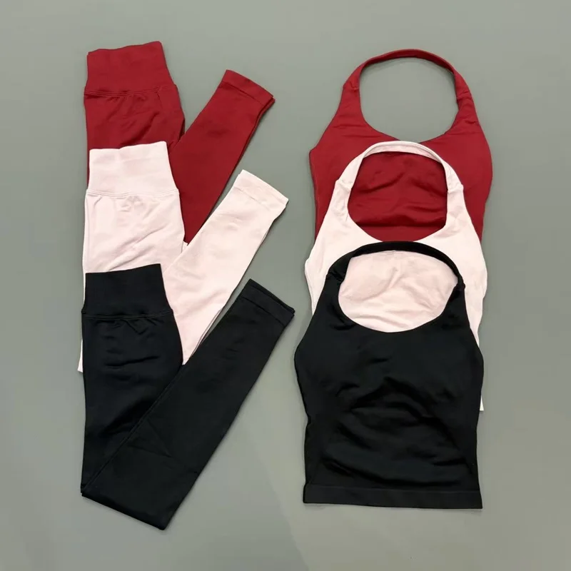 2 Piece Women Gym Set Seamless Halter Sports Top High Waist Leggings Tummy Control Squat Proof Yoga Fitness Activewear