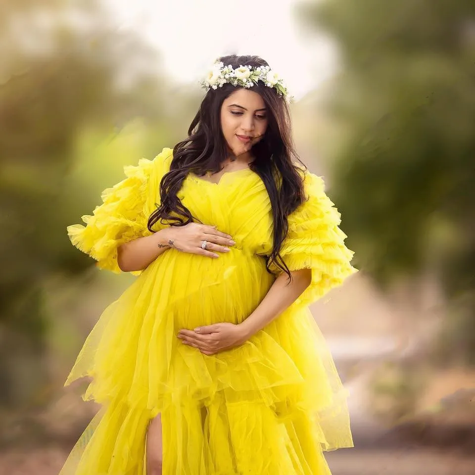 Cozy Maternity Dresses Photoshoot Front Open Yellow Layered Tulle Pregnant Dress Baby Shower Long Lush Sleeve Maternity Gowns