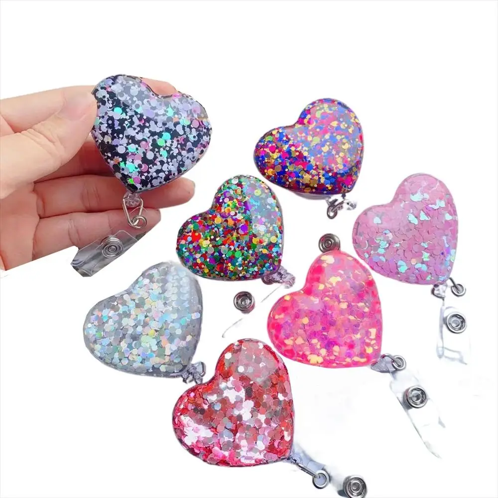 Love Heart Retractable Badge Holder 360 Rotating Alligator Swivel Clip Nurse Badge Reel Name Card Bling Glitter Easy Pull Buckle