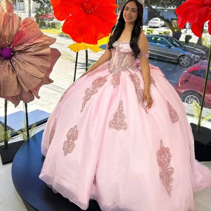

Customized Pink Quinceanera Dresses Off the Shoulder glitter decal flower Bow beads tail Vestido 15 Quinceanera