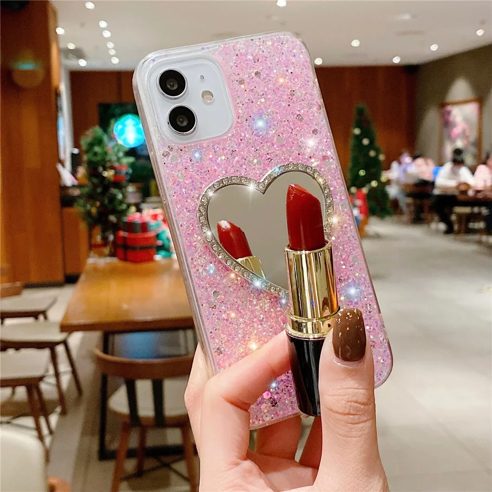Glitter Custodia morbida per Xiaomi Redmi Note 11 Pro 11S 10 10S 9 9S 10C 11T 11Lite 5G NE POCO X3 Strass Cuore Specchio per il trucco Copertura
