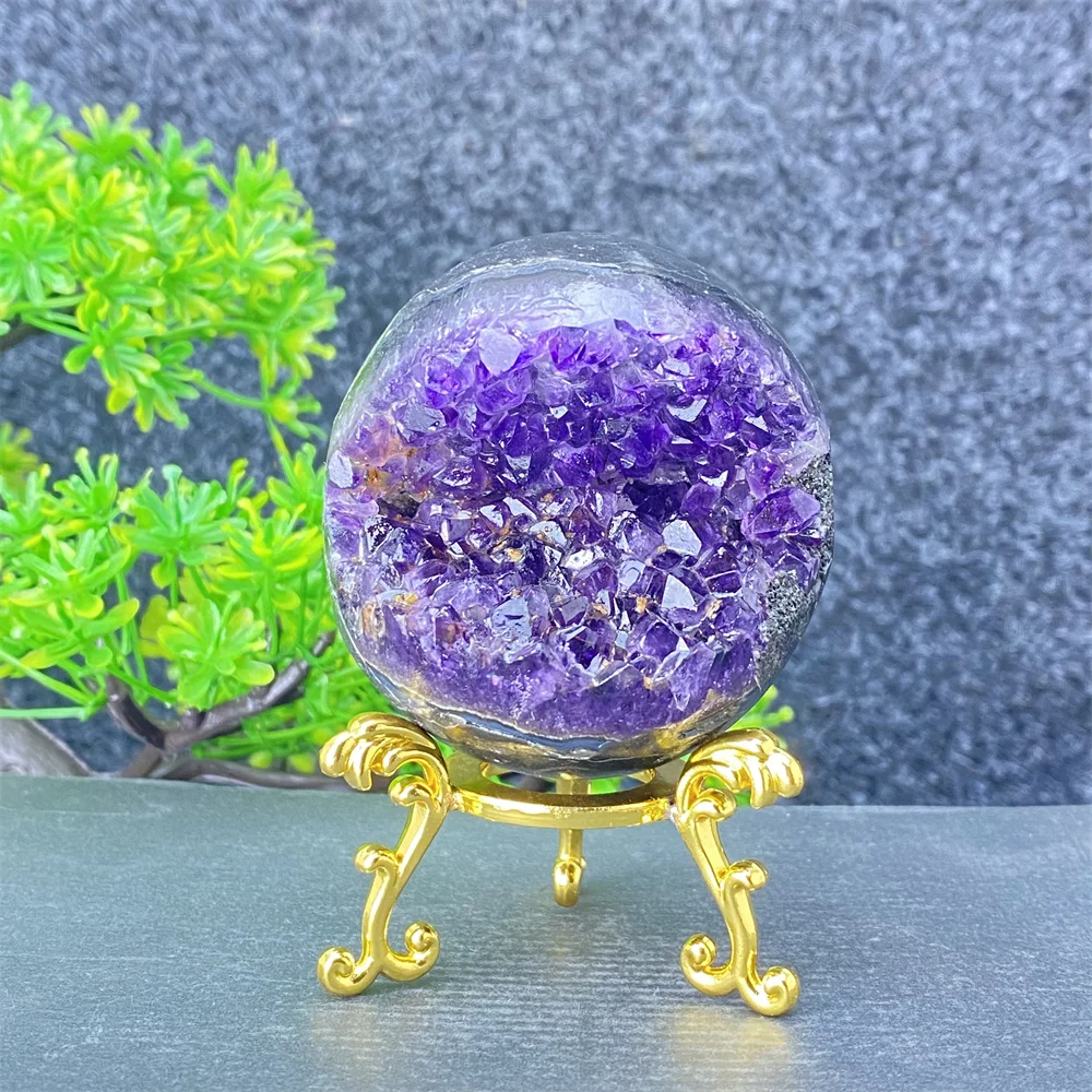 Natural mineral amethyst geode smiles, Feng Shui, fortune, divination crystal ornaments, home decoration + base