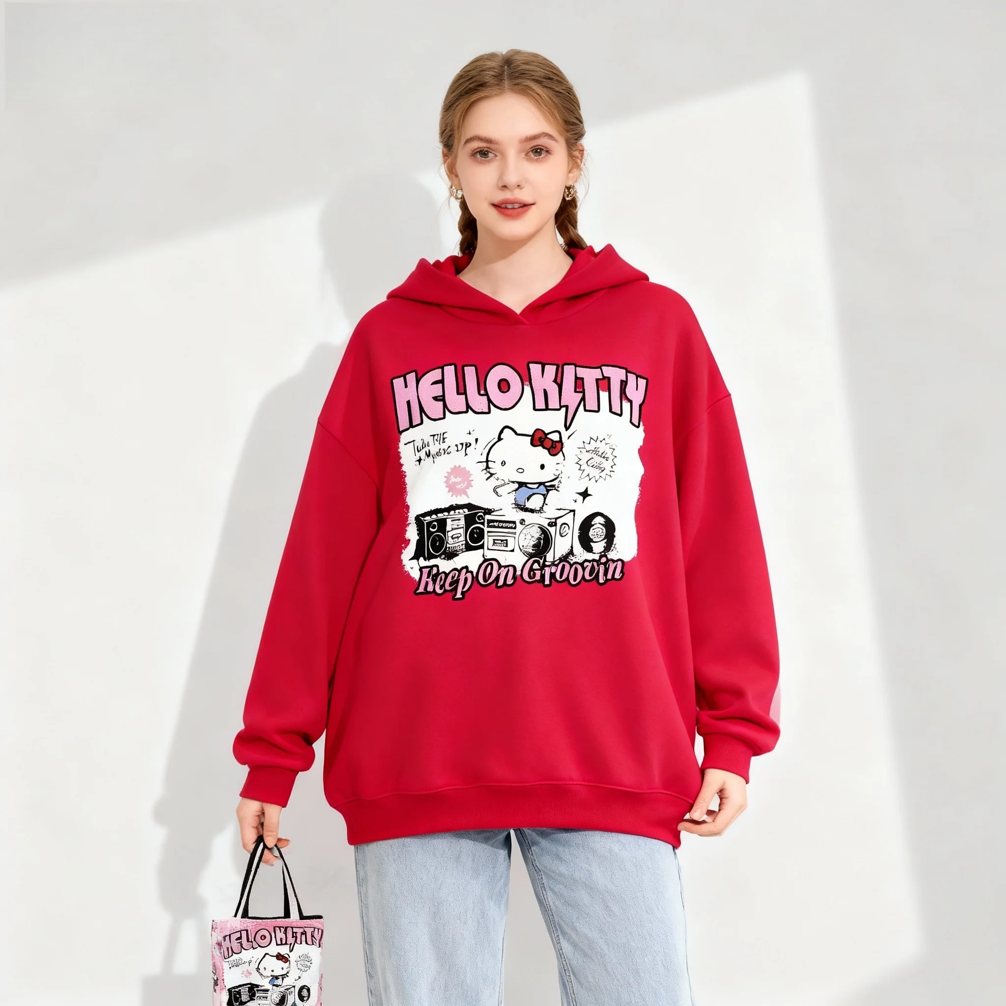 25/26 سلسلة عائلة سانريو الجديدة مرحبا كيتي الحلو كول العصرية الشارع الخريف/الشتاء هوديي حجم كبير المرأة الكبار