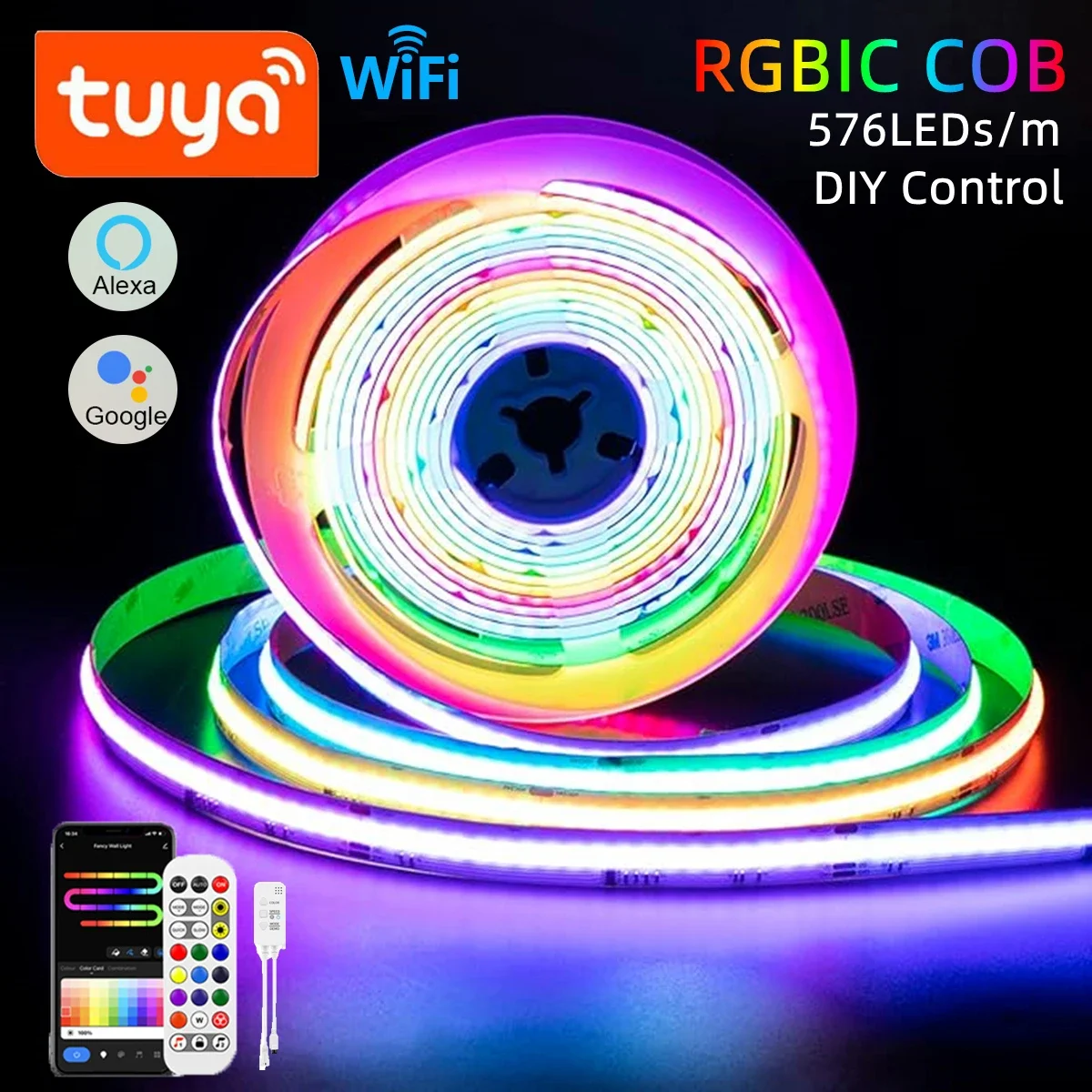 Tuya Wifi Intelligence RGB IC COB LED Strip Light 12V 24key Kit Remote Control 576LEDs/m High Density Linear Lights Flex Tape
