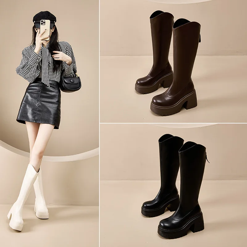 

Women's Thick Heel Long Boots Increased Height 2024 New Knee-high Boots Spring High Heel Knight Boots Thick Bottom Slim Boot