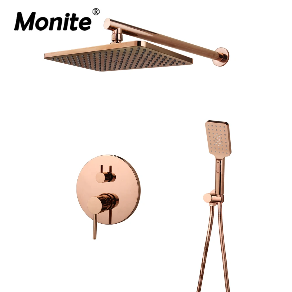 

Monite Rose Golden Shower Faucet Rainfall Square Head Pink Gold Bathroom Bathtub Shower Set Faucet w/Hand Shower & Bathtub Mixer