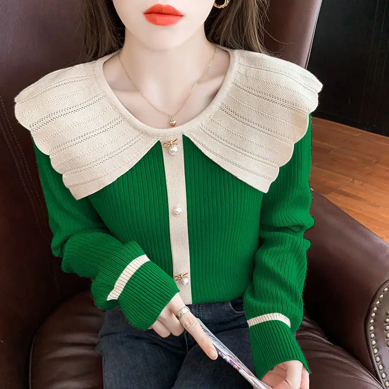 Autumn Winter Korean Slim Beading Spliced Peter Pan Collar Sweaters Women\'s Clothing Fashion Contrast Color Knitted Pullovers