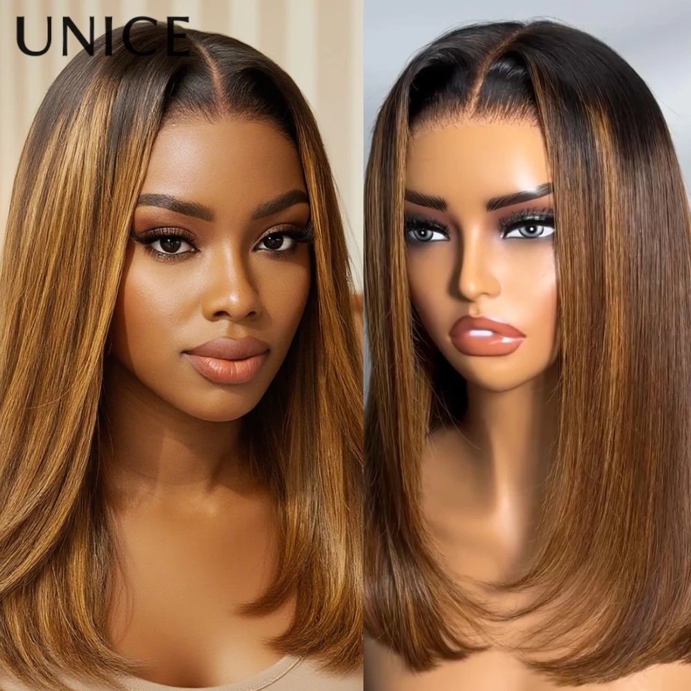 UNice Brown With Blonde Piano Highlights Blunt Bob Wig With Dark Roots No-Slip 7x5 Pre Cut Pre Bleached Glueless Human Hair Wigs